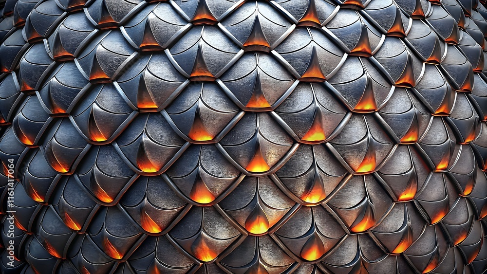 Poster metallic textured surface design with illuminated scales reflecting light dynamics