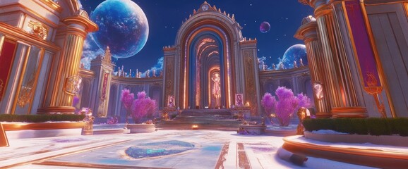 Obraz premium Celestial palace courtyard with glowing arches, planets, and purple trees.