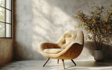 An empty room mock up with a gray armchair and a green plant, showcasing an empty gray wall and a wooden floor, set against a gray room interior background, following a Scandinavian style, 3D render