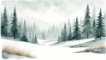 Fototapeta premium A serene winter landscape featuring tall evergreen trees amidst a soft, foggy atmosphere and gentle snow-covered hills.