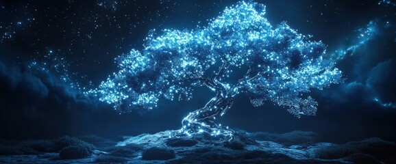 Obraz premium Glowing blue tree at night, magical fantasy scene.