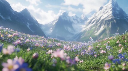 Fototapeta premium Vibrant wildflowers bloom in a lush alpine meadow, with majestic snow-capped mountains in the background under a bright, sunny sky.