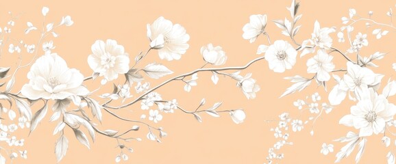 Peach background with white floral branch design.