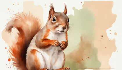 Charming watercolor squirrel with bushy tail and curious expression, playful wildlife portrait