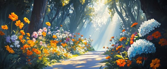 Sunlit path through a vibrant floral forest.