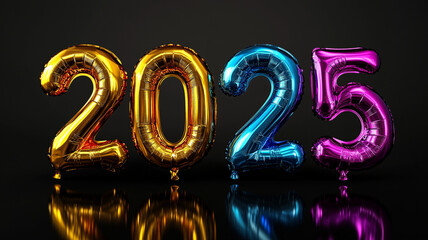 Colorful metallic foil balloons shaped in the form of the numbers "2025"