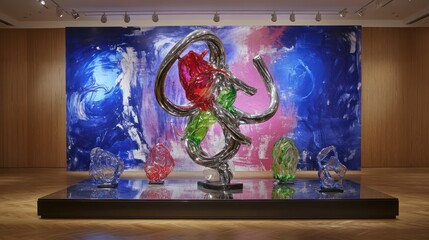 Modern glass sculpture displayed in art gallery with abstract background.