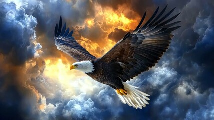 Fototapeta premium Majestic bald eagle soaring through stormy sky in dramatic nature scene