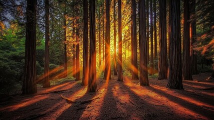 Obraz premium Enchanted redwood forest illuminated by golden sunlight at dusk