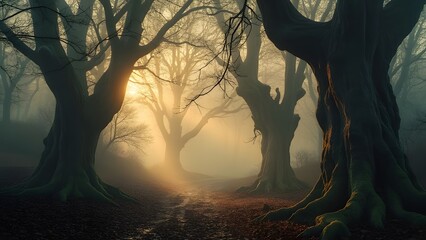 Atmospheric Misty Forest at Dusk, Golden Light Illuminates Ancient, Gnarled Trees with Rough-Textured Bark