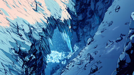 Glacial front close-up: a detailed close-up of the front face of a glacier, with crevasses, seracs, and blue ice formations. Frostline. Illustration