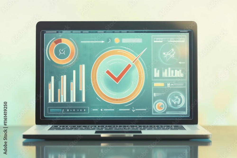 Poster close-up of a laptop screen displaying data analytics and progress metrics in a modern workspace.