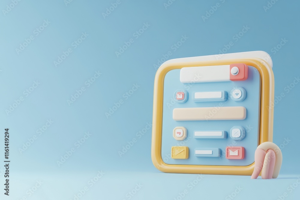 Poster colorful 3d illustration of a user interface panel with various icons and buttons on a soft blue bac