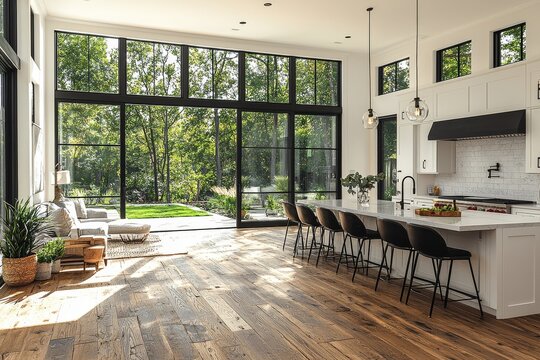 New luxury home showcases a seamless kitchen and living room area with an open concept layout, featuring a large island equipped with a farmhouse sink, hardwood flooring, and stair access to the