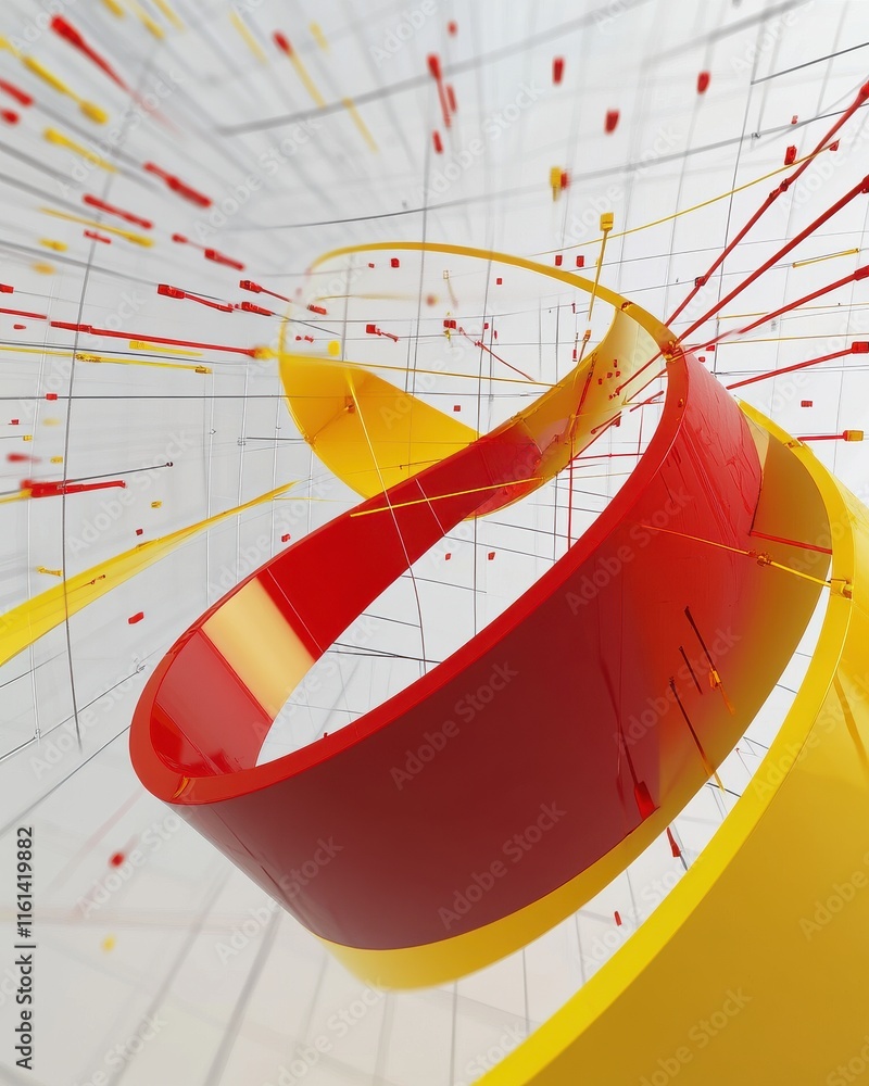 Poster an abstract composition featuring a dynamic red and yellow ribbon twisting through a web of geometri