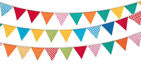 Multicolor bunting party decoration isolated in transparent background perfect for birthday party, marriage anniversary, valentines day and new year celebrations. 