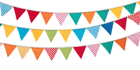 Multicolor bunting party decoration isolated in transparent background perfect for birthday party, marriage anniversary, valentines day and new year celebrations. 