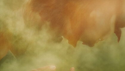 Soft focused portrait of person in warm tones surrounded by mist, contemplative mood