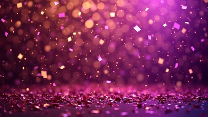 Obraz premium Vibrant Indoor Celebration, Plum Purple Backdrop with Golden Lights and Neon Confetti - Festive Gala or Holiday Bash Scene