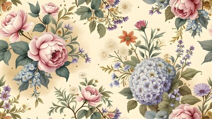 Vintage Pastel Floral Toile de Jouy Pattern, Hand-Painted Peonies, Hydrangeas, Delphiniums, and Wildflowers on Beige Background