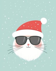 Cute cartoon cat with a Santa hat and sunglasses against a snowy background, embodying holiday cheer.