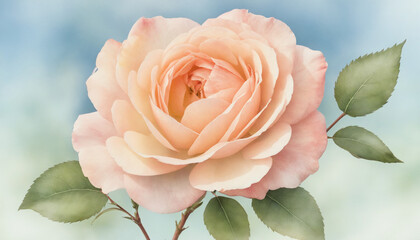 Single soft peach rose with leaves on blurred background, romantic floral portrait