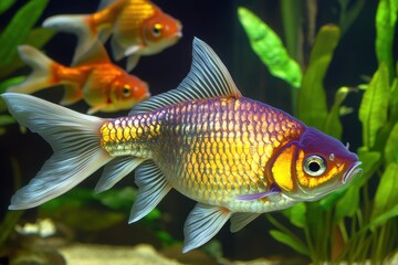 Naklejka premium A vibrant goldfish gracefully swims among lush green plants in a lively aquarium.