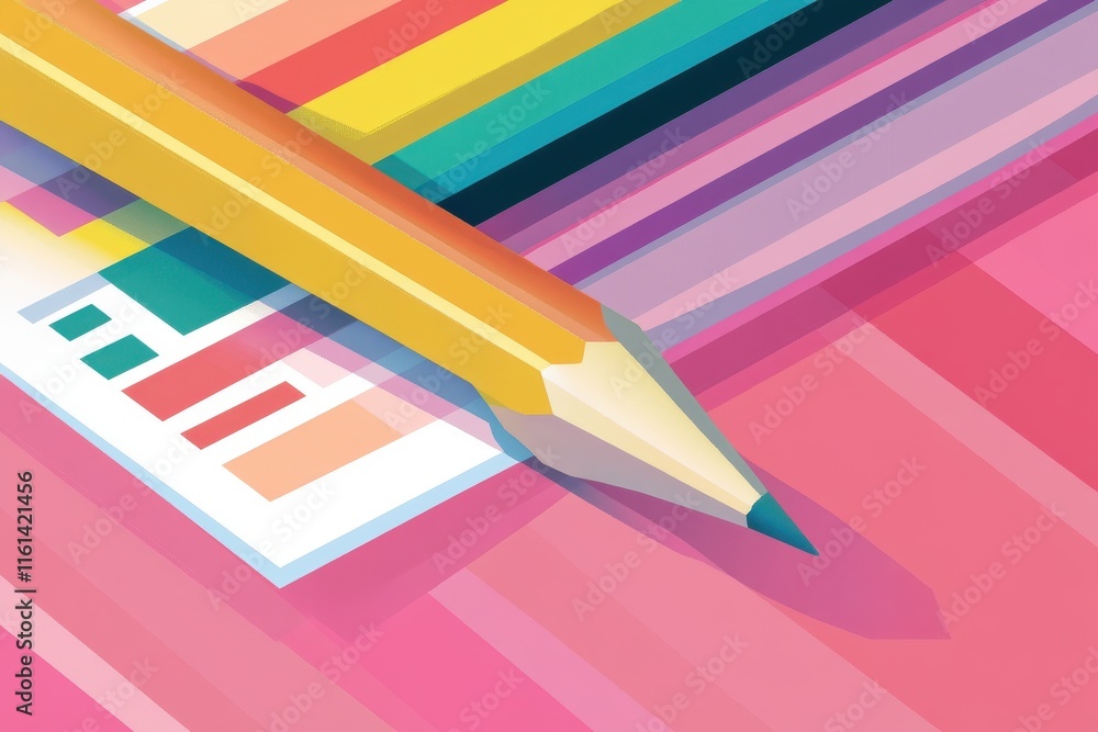 Poster a vibrant yellow pencil resting on colorful abstract patterns, creating an artistic and cheerful moo