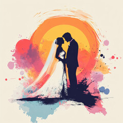 A vector illustration of an elegant wedding couple, the bride in her white dress and veil standing with the groom against a sunset background