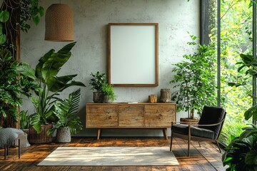Stylish scandinavian living room interior of a modern apartment featuring a wooden commode, a design table, chairs, a carpet, abstract paintings on the wall, and unique personal accessories in a