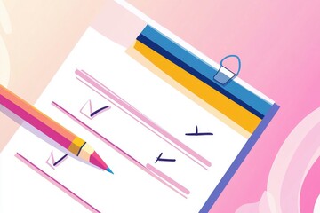 A colorful checklist on a clipboard, featuring check marks and a vibrant pen, creating an engaging work environment.