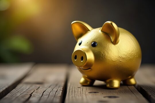 Golden piggy bank sits on rustic wooden table, security, wooden, budget