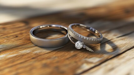 Elegant silver wedding rings on a rustic wooden surface, symbolizing love and commitment.