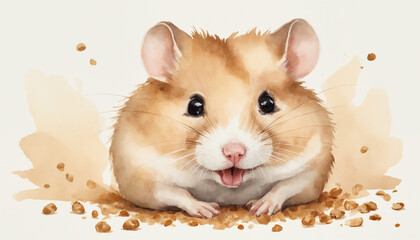 Cute watercolor hamster smiling among crumbs, playful animal portrait