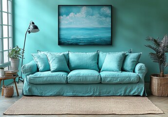 A 3D render of a living room featuring a blue sofa, a wooden table, and blue decor