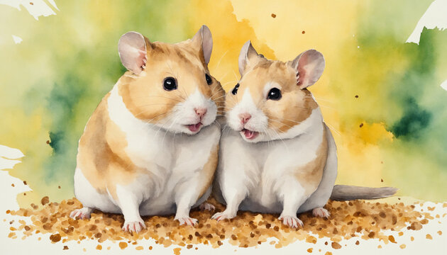 Two cute watercolor hamsters cuddling together on crumbs, adorable companionship