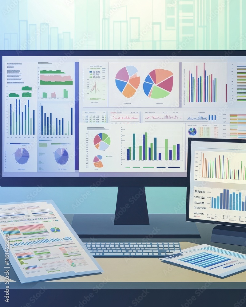 Poster a modern workspace featuring diverse data visualizations on multiple screens, creating an analytical