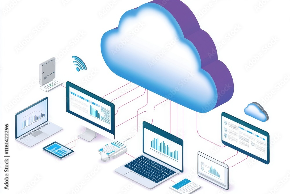 Poster illustration of cloud computing, featuring multiple devices connected to a cloud icon, showcasing da