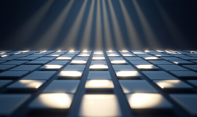 A solar panel array with rays of sunlight bouncing off.