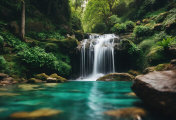 Naklejka premium A cascading waterfall plunging into a clear pool, surrounded by lush greenery and rocks
