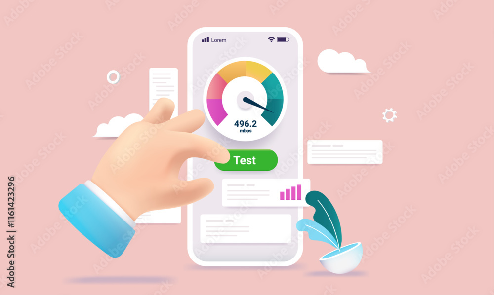 Poster Internet speed test - Mobile phone testing network, wifi and broadband speed in online app. Vector illustration graphic