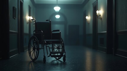 Empty wheelchair resting silently on a nostalgic hospital corridor, evoking thoughts of healing, resilience, and the passage of time in a place of care and recovery