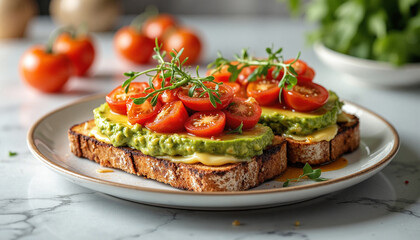 Savory Breakfast Spread of avocado toast with vibrant cherry tomatoes on toasted bread garnished with fresh herbs, captured in natural light against a marble countertop