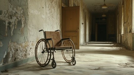 Empty wheelchair resting silently on a nostalgic hospital corridor, evoking thoughts of healing, resilience, and the passage of time in a place of care and recovery