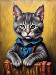 A charming portrait of a mischievous grey tabby cat wearing a blue shirt and posing with a book.