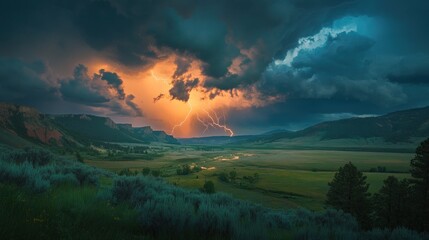 Fototapeta premium Dramatic lightning storm over a valley at sunset.