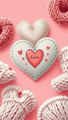 Fototapeta premium cozy heart by knitted textures on a warm pink background, cozy illustration heart surrounded by knitted textures on a warm pink background