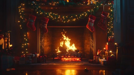 Obraz premium Cozy Christmas fireplace with stockings, presents, and glowing fire.