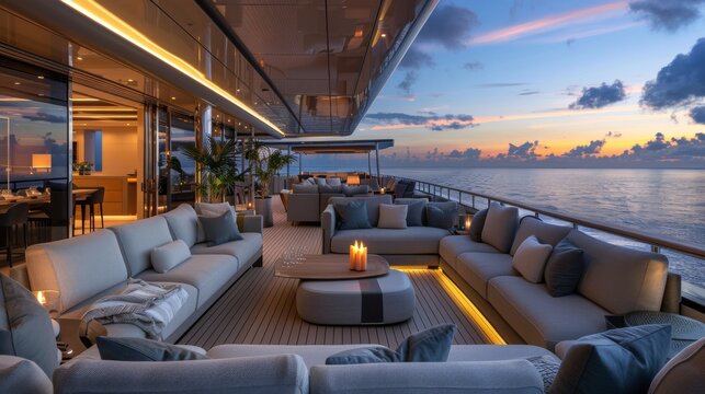 Luxury yacht party at ocean sunset with elegant outdoor lounge for exclusive gatherings
