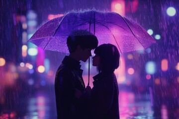 Couple in the rain sharing romantic intimacy, passion, and warmth amidst vibrant neon lights.